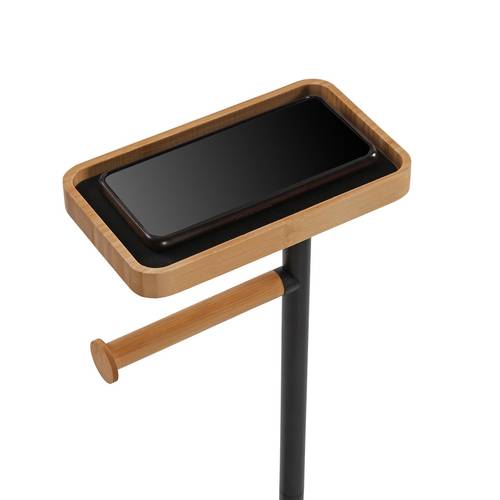 Porta rotolo bamboo e metallo nero da terra con vaschetta porta cellulare