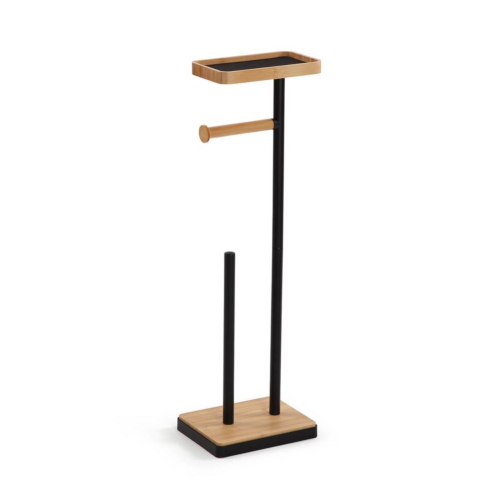 Porta rotolo bamboo e metallo nero da terra con vaschetta porta cellulare