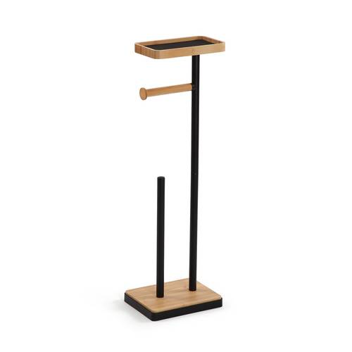 Porta rotolo bamboo e metallo nero da terra con vaschetta porta cellulare
