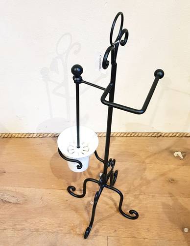 Porta rotolo con porta scopino ferro nero forgiato da bagno