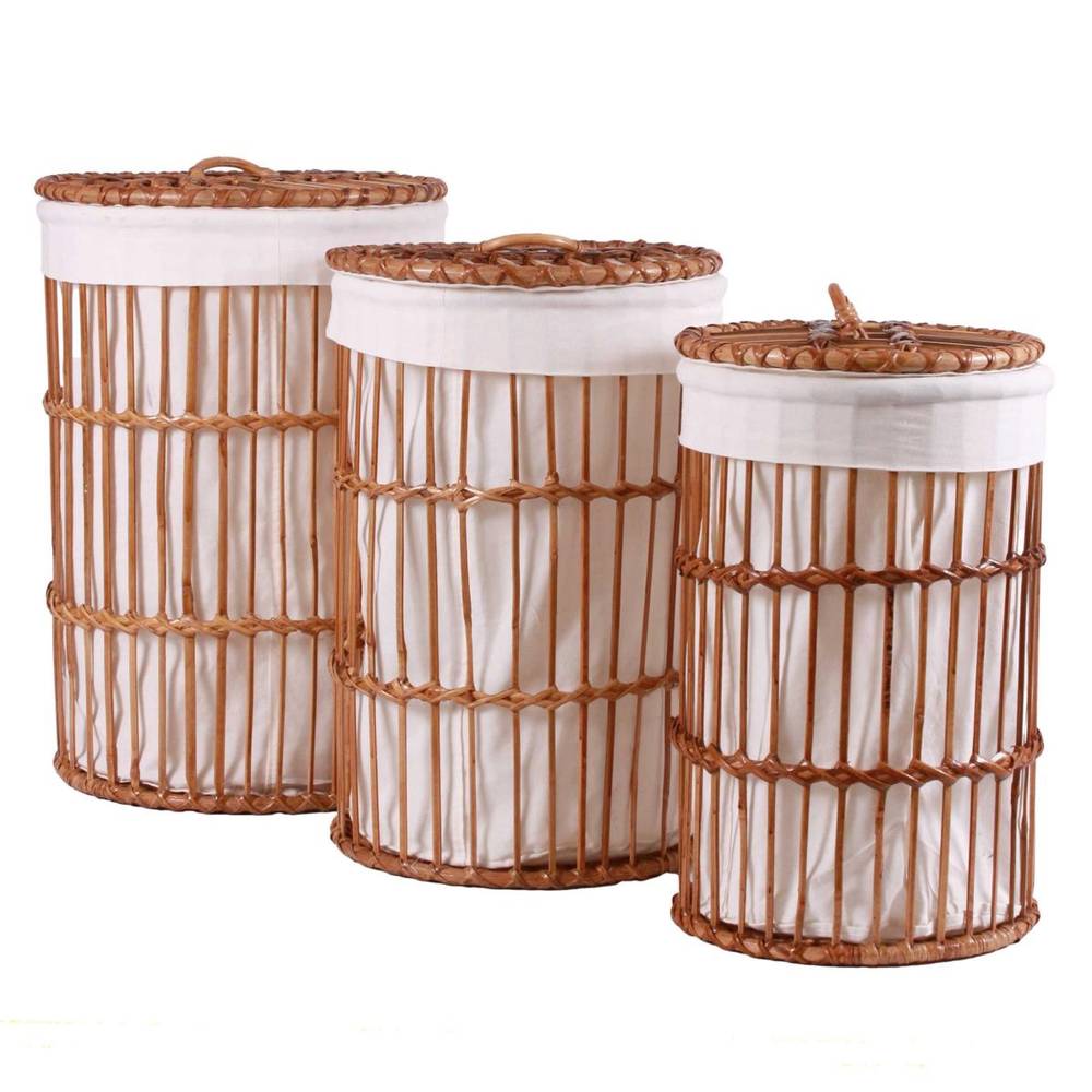 Portabiancheria intreccio rattan naturale tondo con fodera bianca