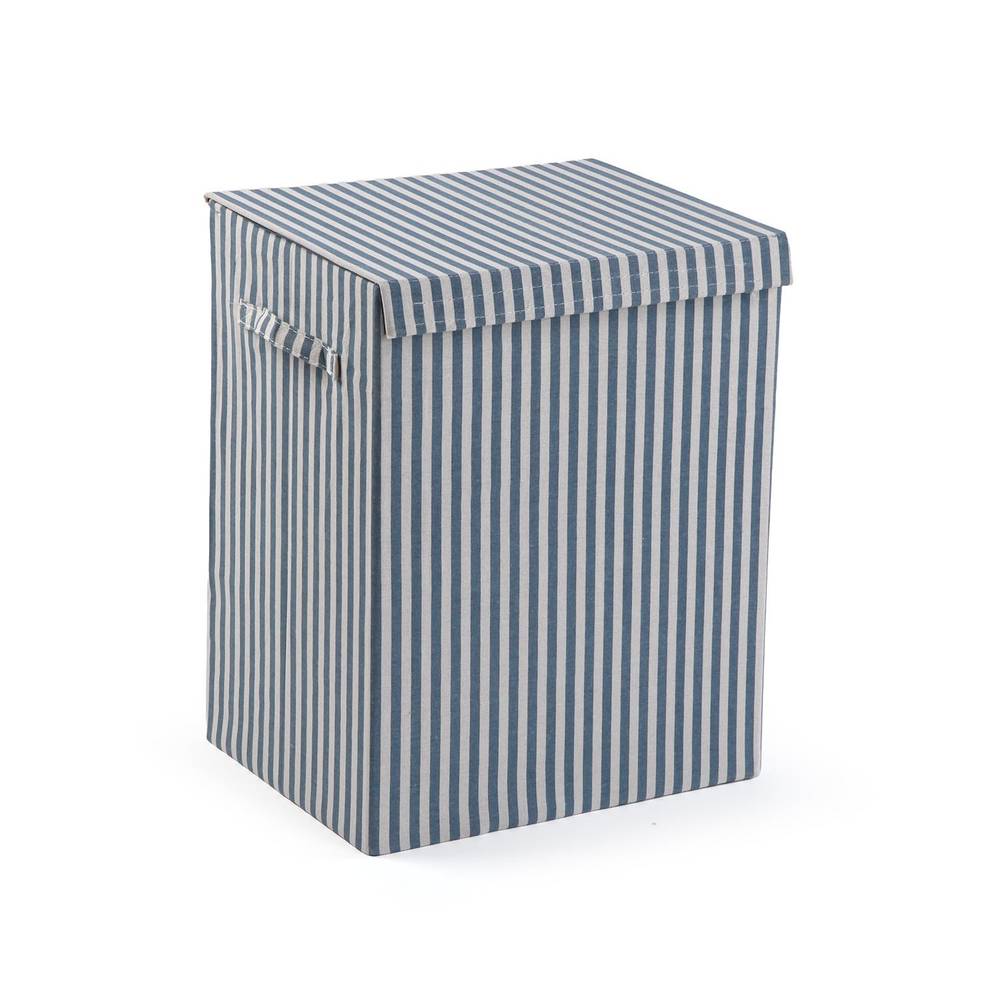 Portabiancheria tessuto cotone righe blu con coperchio e maniglie