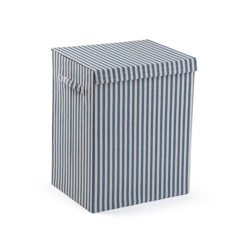 Portabiancheria tessuto cotone righe blu con coperchio e maniglie