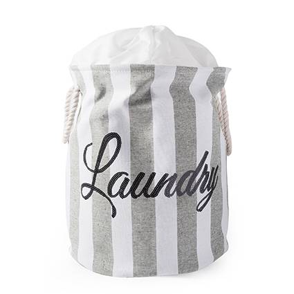 Portabiancheria tessuto tondo laundry sacca con maniglie bianco righe grigie