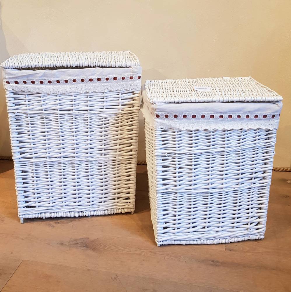 Portabiancheria vimini bianco rettangolare fodera merletto nastro marrone