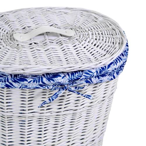 Portabiancheria vimini laccato bianco ovale fodera foglie blu