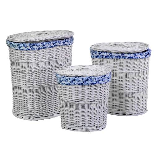 Portabiancheria vimini laccato bianco ovale fodera foglie blu