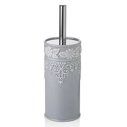 Portascopino da bagno ceramica grigio con decoro fiori bianchi