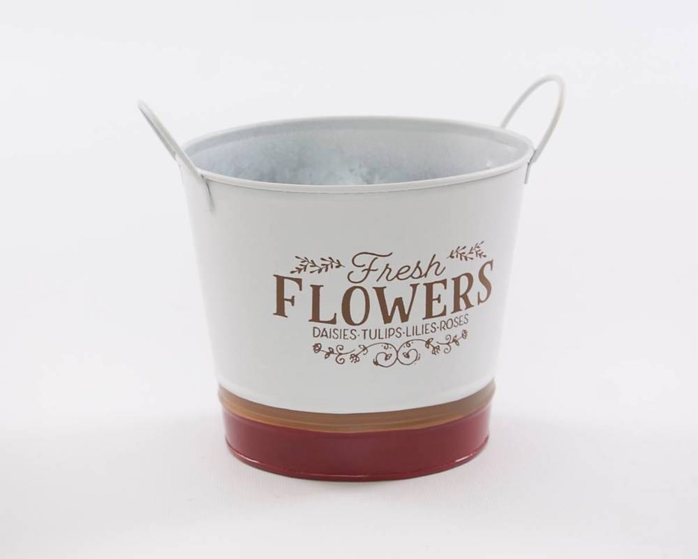 Portavaso latta bianca Flower cm 17 con manici