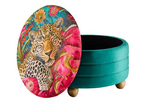 Pouf Malindi tigre tondo contenitore con piedini in legno 63x35h