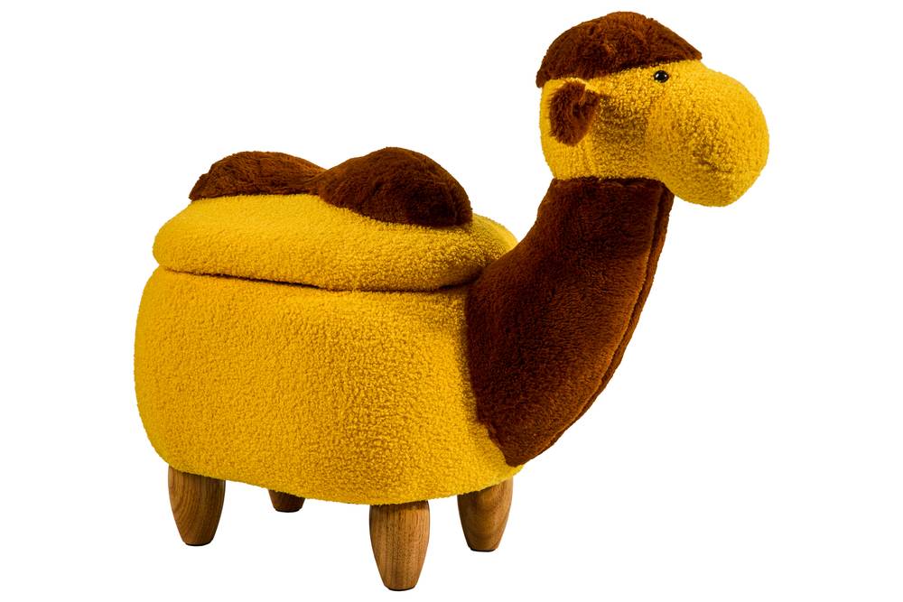 Pouf animale cammello pelliccia gialla e marrone con contenitore