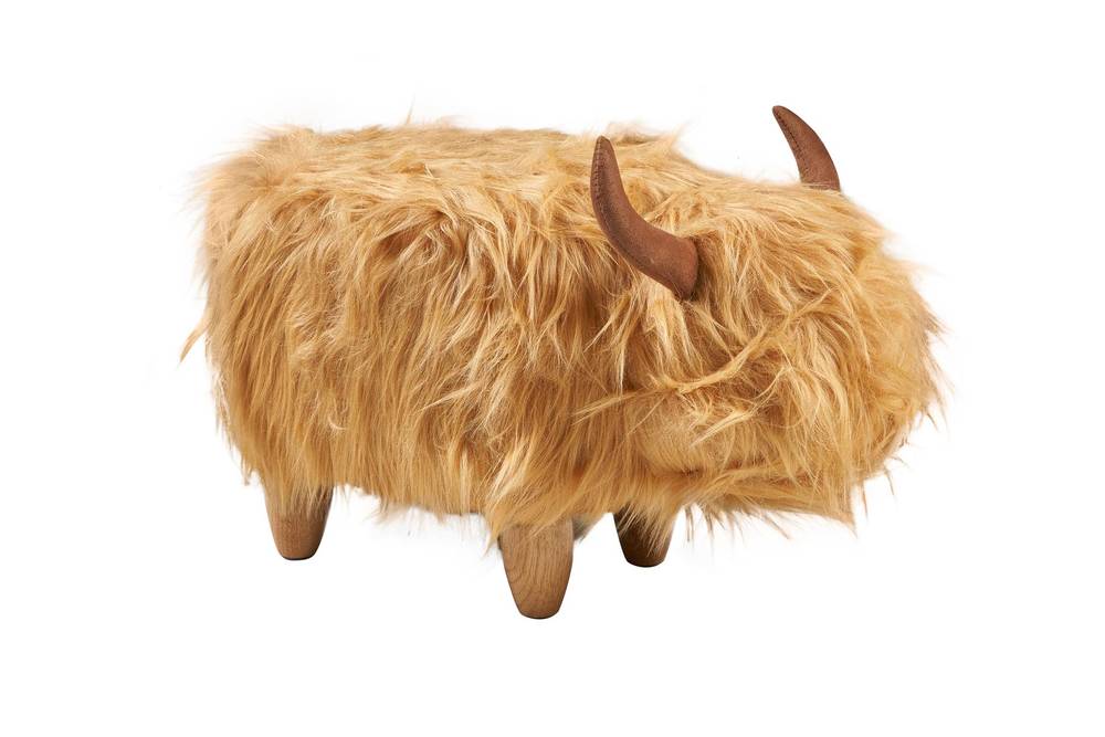 Pouf animale mucca bionda delle Highlands con piedi legno