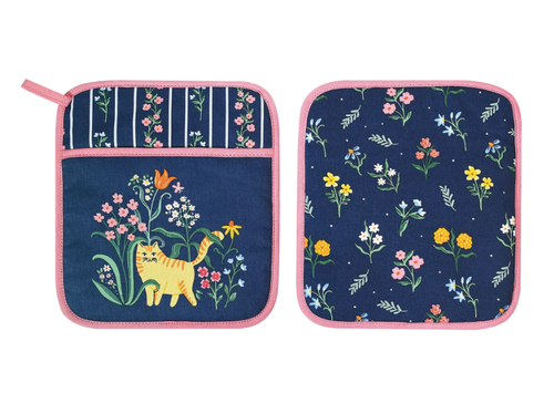 Presina cotone con tasca gatti gialli sfondo blu Marmalade Meadow