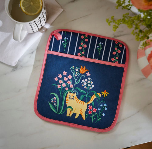 Presina cotone con tasca gatti gialli sfondo blu Marmalade Meadow