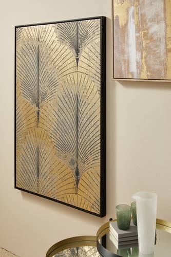 Quadro Bold stampa foglie oro a ventaglio con cornice legno 82x122h