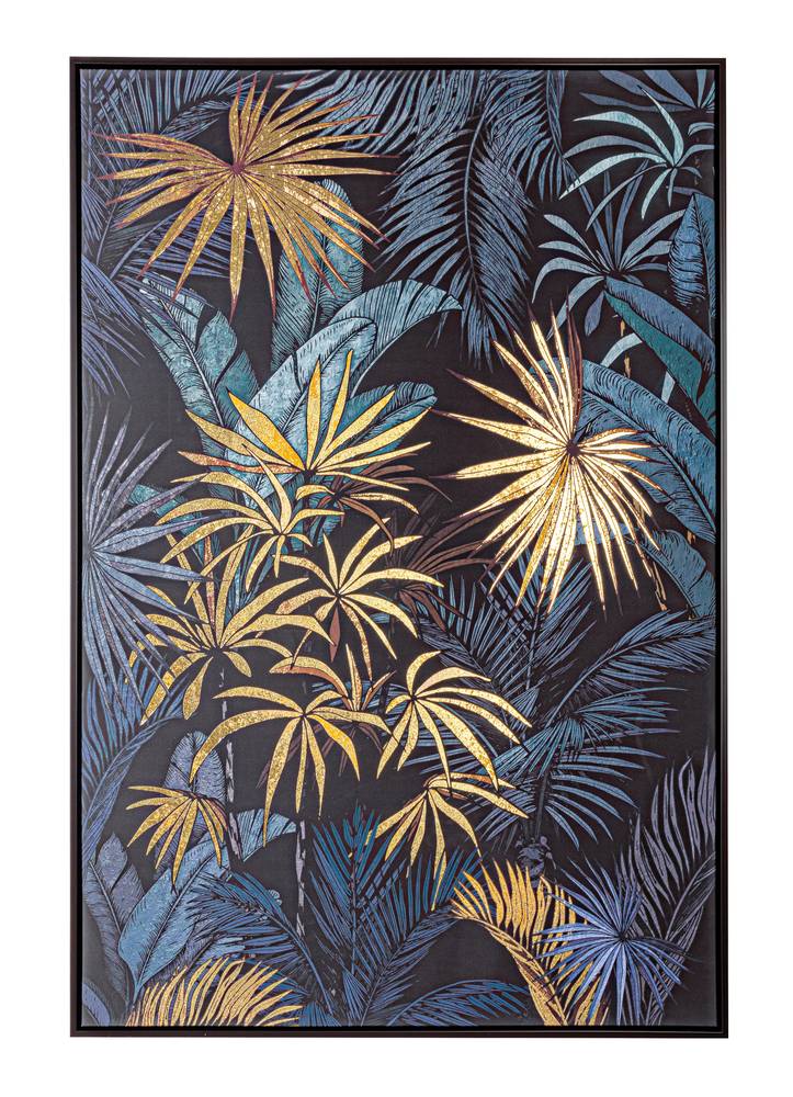 Quadro Bold stampa foglie oro e blu con cornice legno 82x122h