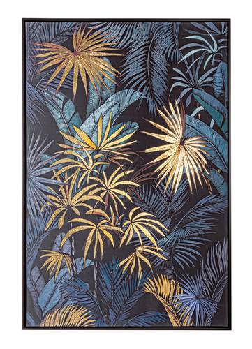 Quadro Bold stampa foglie oro e blu con cornice legno 82x122h
