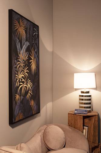 Quadro Bold stampa foglie oro e blu con cornice legno 82x122h