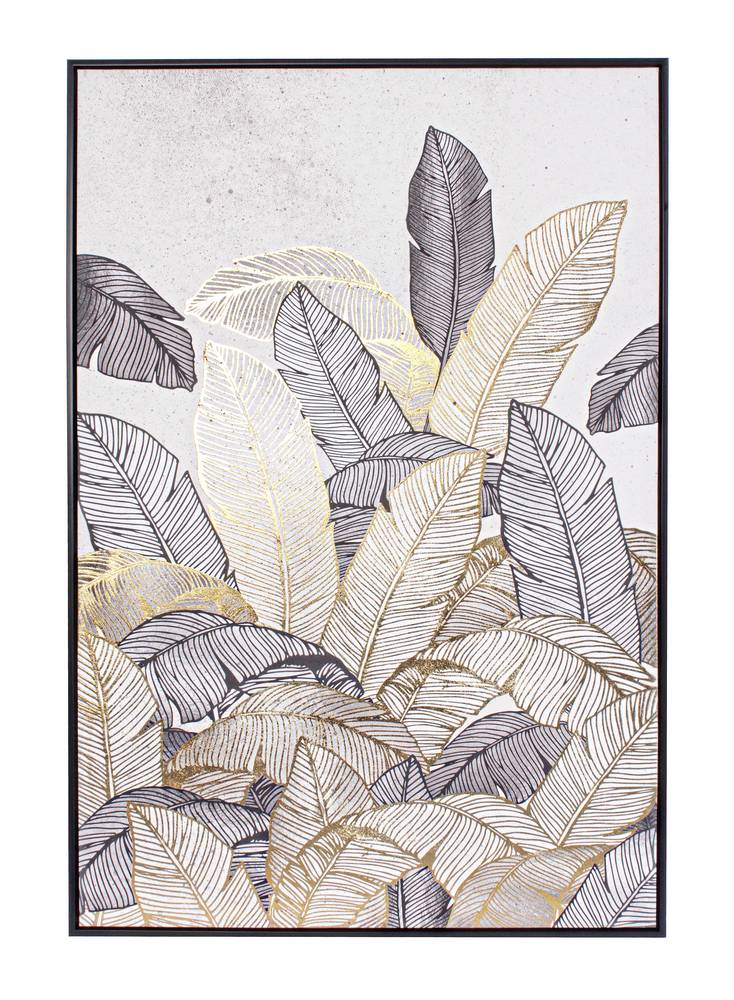 Quadro Bold stampa foglie oro e nere con cornice legno 82x122h
