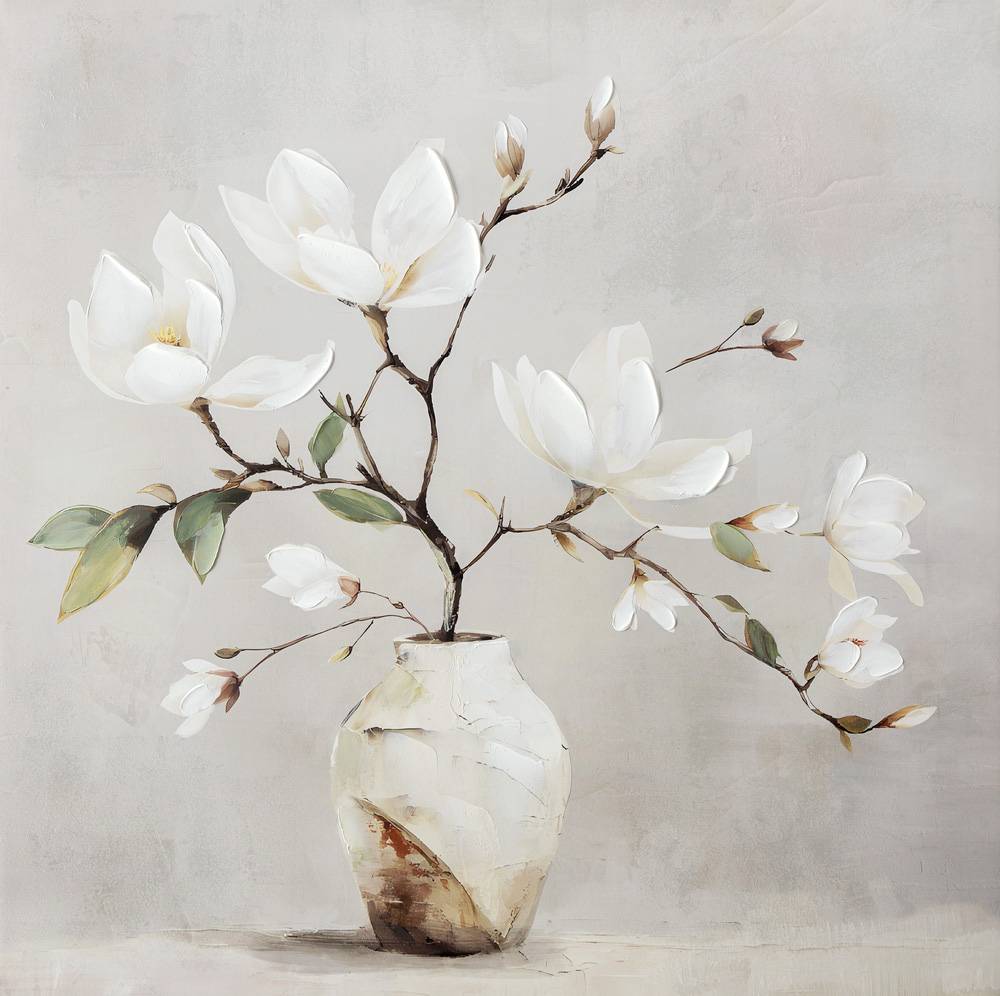 Quadro a olio fiori orchidee bianche in vaso 80x80