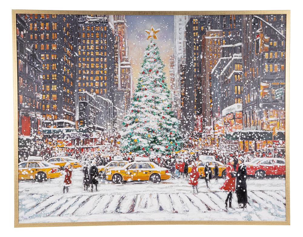 Quadro a olio paesaggio invernale albero di natale tra i grattacieli 180x140h