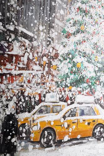Quadro a olio paesaggio invernale albero di natale tra i grattacieli 180x140h