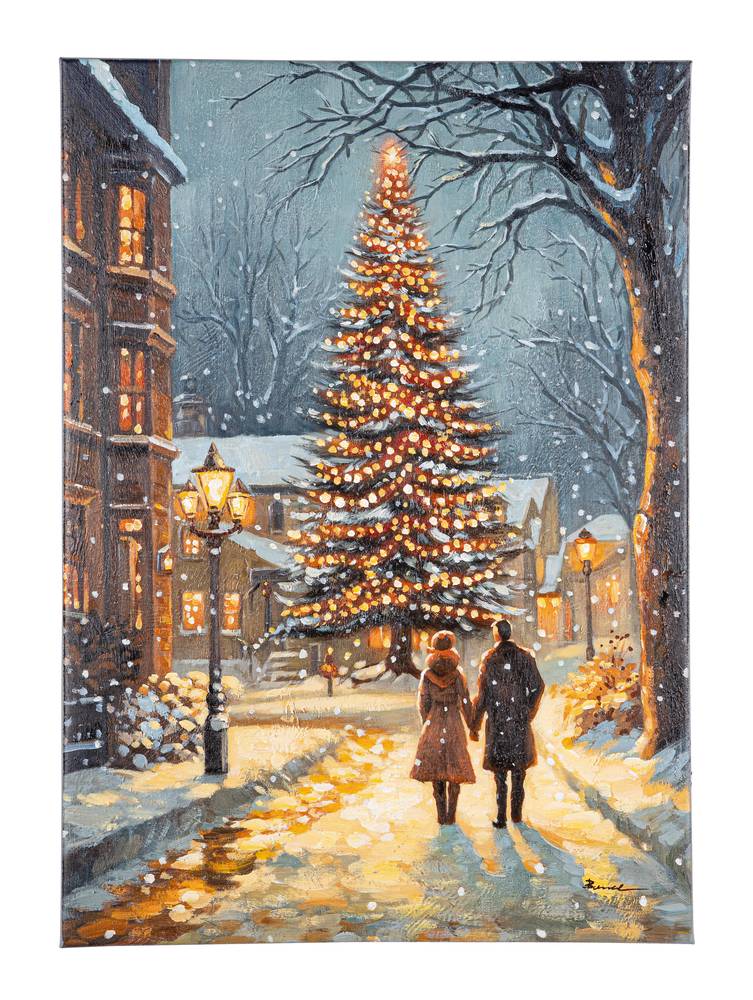 Quadro a olio paesaggio invernale con albero illuminato 50x70h