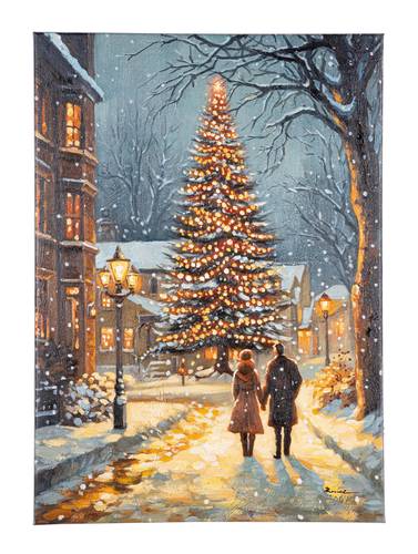 Quadro a olio paesaggio invernale con albero illuminato 50x70h
