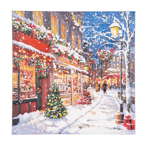 Quadro a olio paesaggio invernale con negozi natalizi 60x60