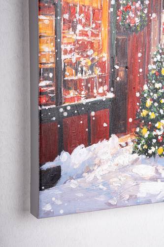 Quadro a olio paesaggio invernale con negozi natalizi 60x60