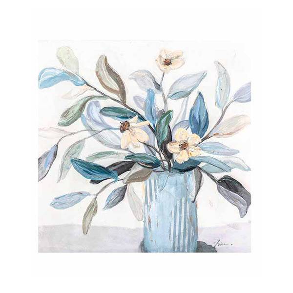 Quadro a olio vaso cilindro azzurro di fiori 60x60