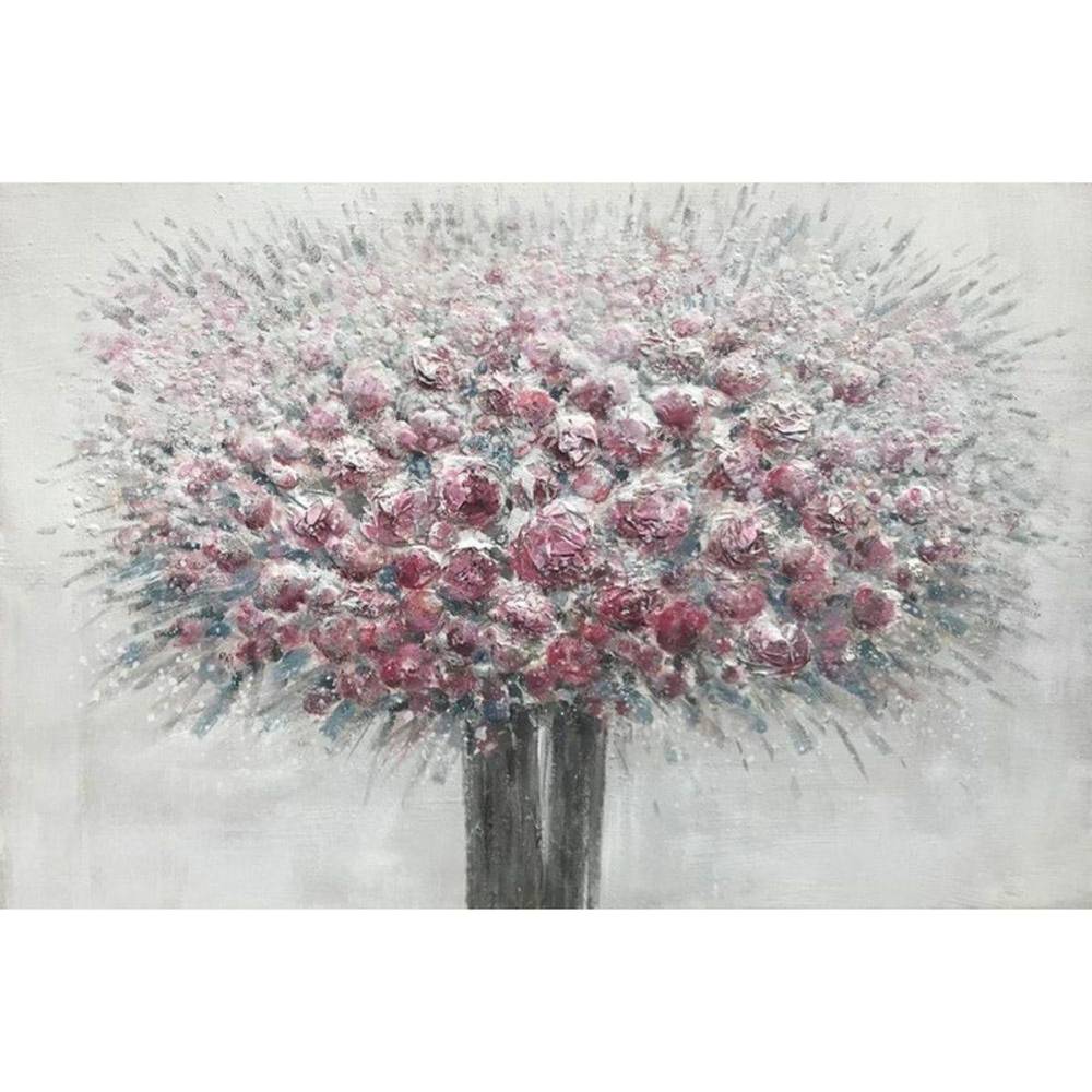 Quadro a olio vaso di fiori rosa su sfondo grigio 120x80