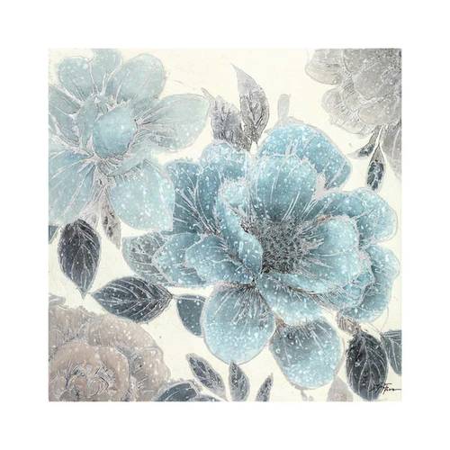 Quadro a olio vaso fiorelloni azzurri con pagliuzze argento 80x80