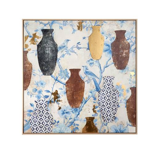 Quadro anfore con sfondo rami azzurri stampa con cornice legno 100x100h