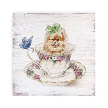 Quadro dipinto shabby tazza con cane 20x20