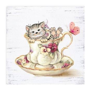 Quadro dipinto shabby tazza con gatto 20x20