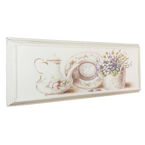 Quadro dipinto su legno bianco fiori rosa e teiera 56x24