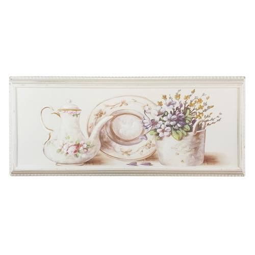 Quadro dipinto su legno bianco fiori rosa e teiera 56x24