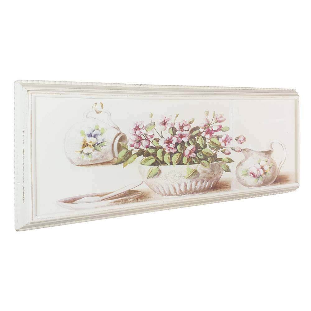Quadro dipinto su legno bianco vaso fiori rosa e brocca 56x24