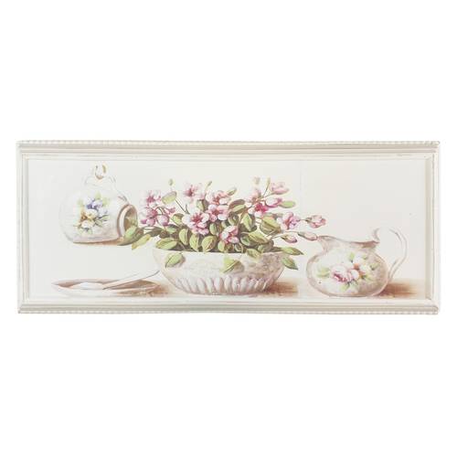 Quadro dipinto su legno bianco vaso fiori rosa e brocca 56x24