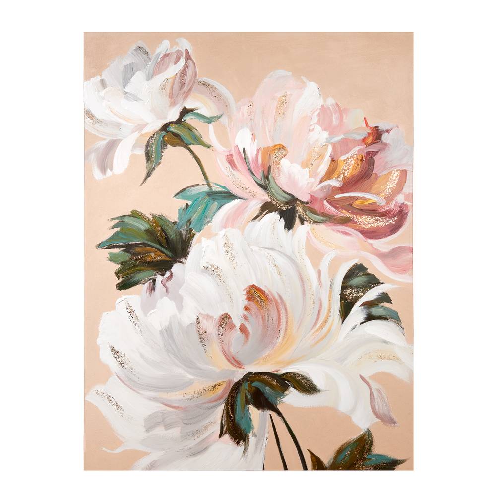 Quadro fiori bianchi su sfondo rosa cipria dipinto 90x120h