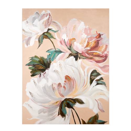 Quadro fiori bianchi su sfondo rosa cipria dipinto 90x120h