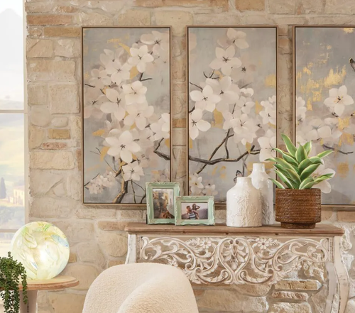 Quadro fiori bianchi trittico stampa con cornice legno 150x100h