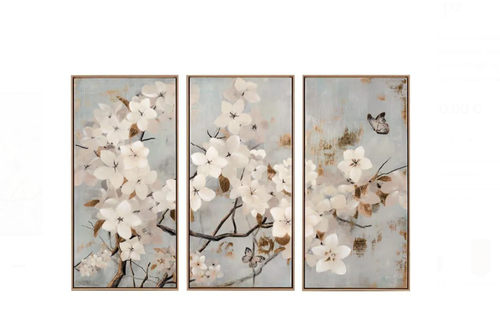 Quadro fiori bianchi trittico stampa con cornice legno 150x100h