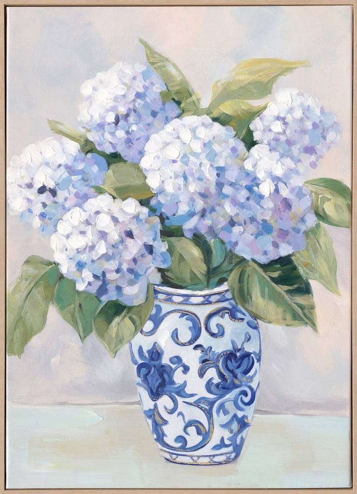 Quadro fiori ortensie bianche in vaso decori blu sfondo bianco 50x70h