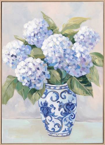 Quadro fiori ortensie bianche in vaso decori blu sfondo bianco 50x70h