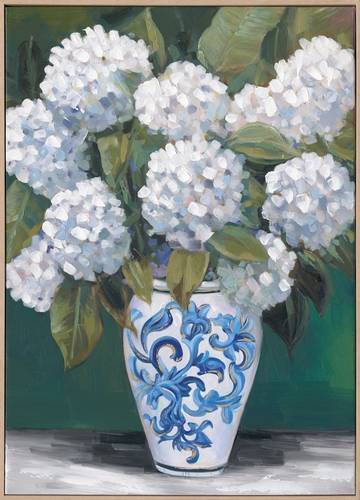 Quadro fiori ortensie bianche in vaso decori blu sfondo verde 50x70h