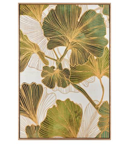 Quadro foglie jinko verdi e oro stampa con cornice legno 80x120h