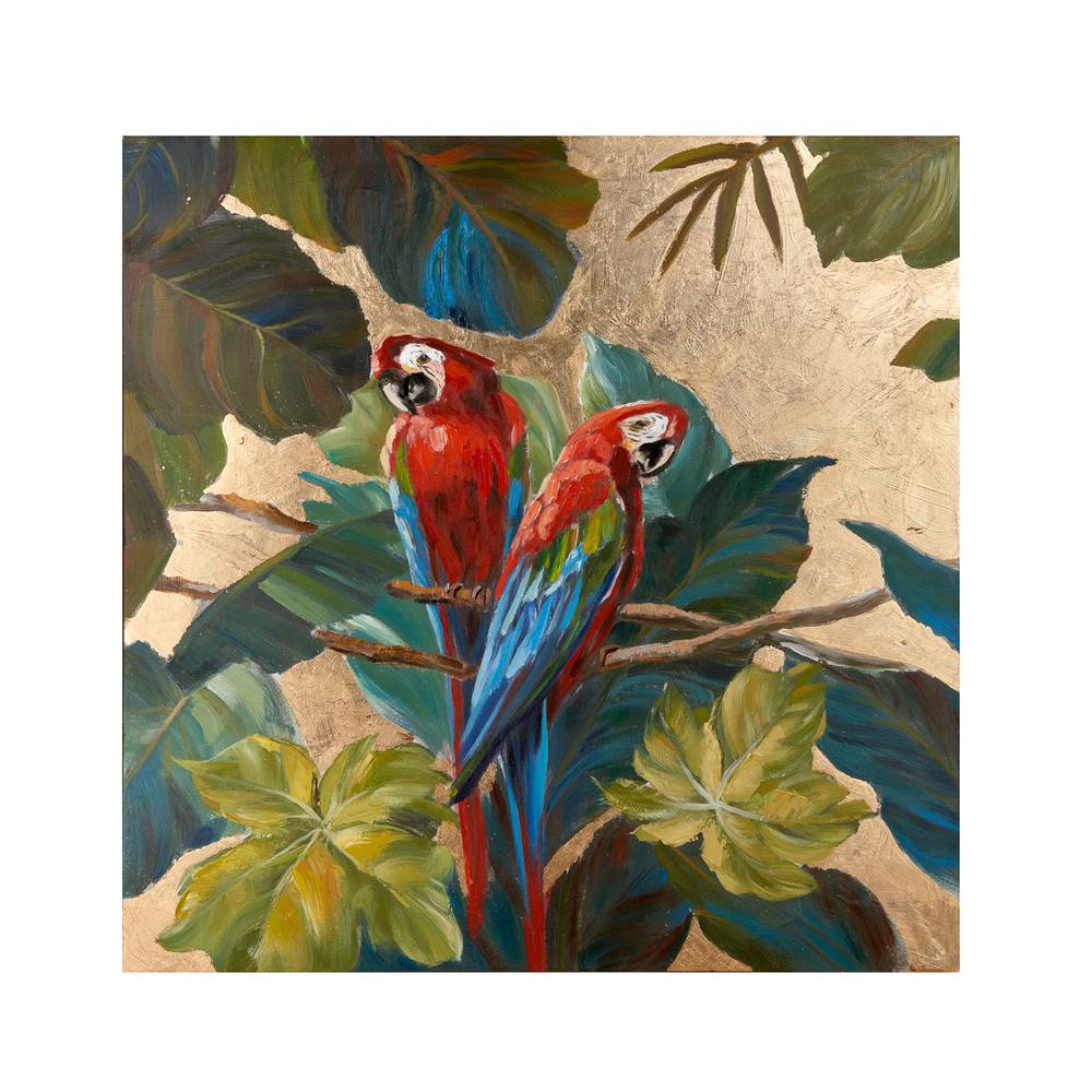 Quadro pappagalli colorati su sfondo oro dipinto 100x100h