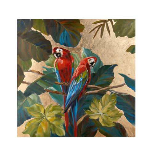Quadro pappagalli colorati su sfondo oro dipinto 100x100h
